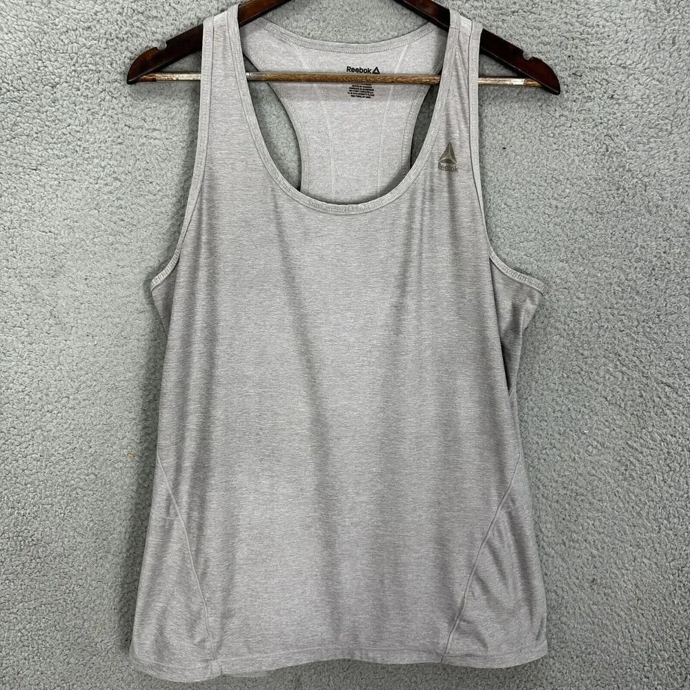 Reebok tank top women large gray black logo racerback gym outdoor hiking running